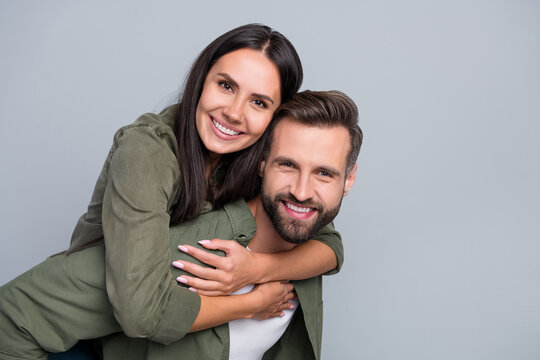 Photo of young lovely spouses good mood dream romance support story isolated over grey color background