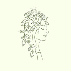 Abstract female portrait with flower on top of head and leaves in hair. Fancy line drawing of a girl. Modern beautiful art. Vector graphics