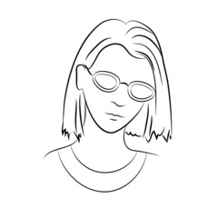 Line portrait of an attractive smart girl with beautiful glasses and short hair. Isolated on a white background. Vector graphics