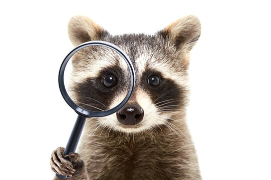 Portrait of a funny curious raccoon looking through a magnifying glass isolated on a white background