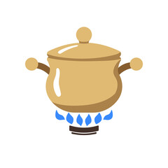 An illustration of a saucepan with a lid for cooking. Pan on gas stove. Isolated on white background. Vector graphics