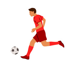Color illustration of a soccer player with a ball. Soccer player in red runs and kicks the ball. Sports game. Isolated on white background. Vector graphics