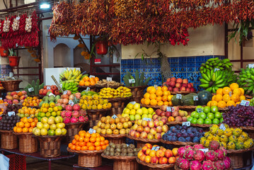 Funchal bazar, market, local fruits, Madeira, Portugal. - obrazy, fototapety, plakaty