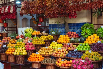 Fotobehang Funchal bazar, market, local fruits, Madeira, Portugal. © Ernest_Kucher