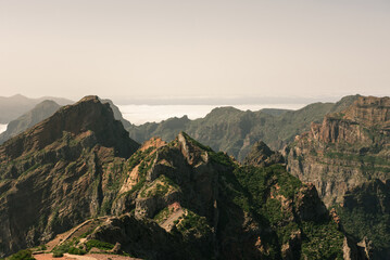 Fototapeta na wymiar Panorama of the mountains, Madeira island, Portugal, Pico de Arieiro - pico de Ruivo trail.