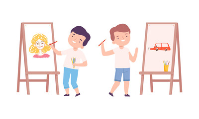 Cute boys painting with brush and paints on easel set cartoon vector illustration