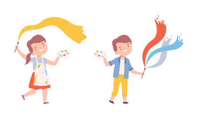 Cute boy and girl painting with brush and paints cartoon vector illustration
