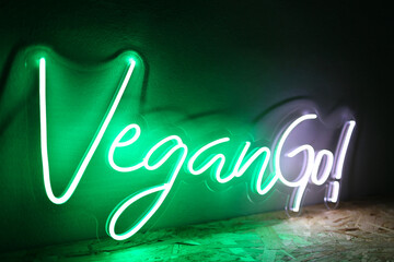 Green and white neon sign VeganGo. Trendy style. Neon sign. Custom neon. Home decor.