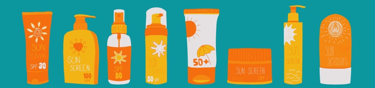 Set of sunscreen bottles, tubes with different SPF from 15 to 100. Sunscreen protection and sun safety. Sunscreen cream, lotion isolated collection. Hand drawn  vector illustration.