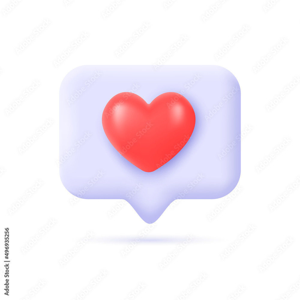 Poster 3d icon message dialog button with red heart in cartoon minimalistic style. elements for romantic de