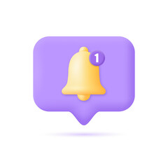 3d Notification bell icon.Yellow bell with one new notification for social media reminder.