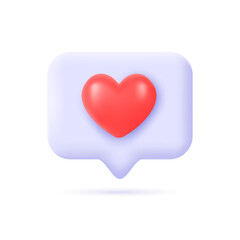 3d icon message dialog button with red heart in cartoon minimalistic style. elements for romantic design.