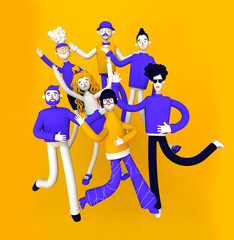 Big group of diverse people jumping with happiness. Selection of old, disabled and different persons. Social diversity, relationship, large family group, Trendy 3d illustration.