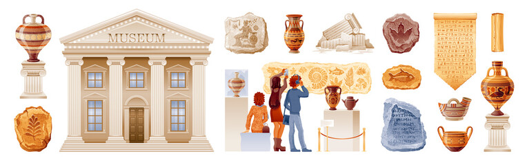 Museum vector. Historical museum. Cartoon art gallery exhibition with statue, dinosaur fossil, ancient greek vase, papyrus, column. Flat illustration. Archeologic interior set, people, building design