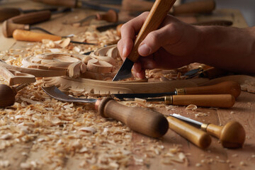 Carpenter wood carving equipment. Woodworking, craftsmanship and handwork concept. Wood processing....