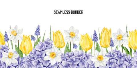 Watercolor seamless horizontal pattern. Botanical spring blossom border. Yellow tulip, daffodil, hydrangea, muscari flowers. Hand painted floral arrangement for greeting card.