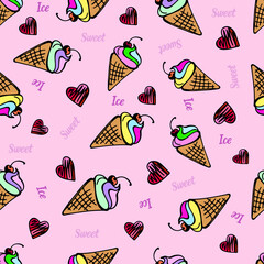 Sweet Ice cream pattern. ice cream cone, waffle seamless pattern