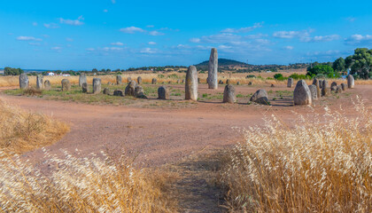 Stone menhirs at Cromeleque de Xerez in Portugal