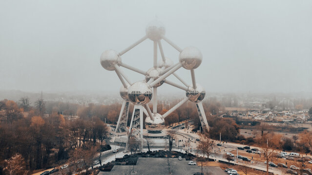 Atomium in Brussels Belgium on a gray misty day March 2022
