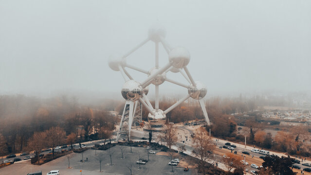 Atomium in Brussels Belgium on a gray misty day March 2022