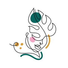 Face of an abstract woman with colorful shapes in a modern abstract minimalist one line style. Tropical green leaf. Continuous black line simple drawing. Vector fashion illustration.