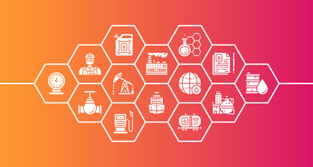 Oil industry banner with outline icons. Fuel Truck, Engineer, Gasoline, Cargo Ship horizontal promotion illustration.