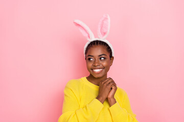 Portrait of attractive friendly lady folded hands look interested empty space isolated on pink color background