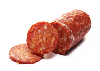 Salami sausage slices isolated on white