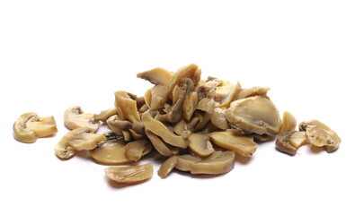 Champignon mushrooms slices pile isolated on white  
