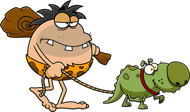 Funny Caveman Cartoon Character With Club And Dino Dog Goes To Hunting. Vector Hand Drawn Illustration Isolated On White Background