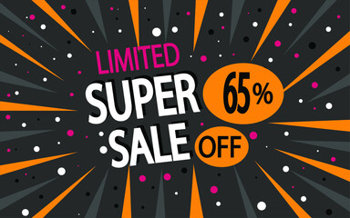 65% off. Super sale banner. Discount for stores and promotion with dark background