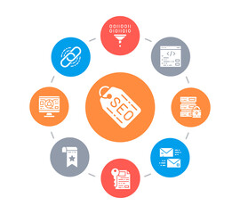 SEO circle illustration with icons. Bookmark, Hosting, Hyperlink, Advertisement, Data Transfer vector concept design. Web banner layout template.