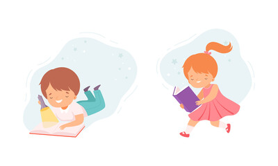 Smart little children reading books set. Boy and girl enjoying of literature cartoon vector illustration