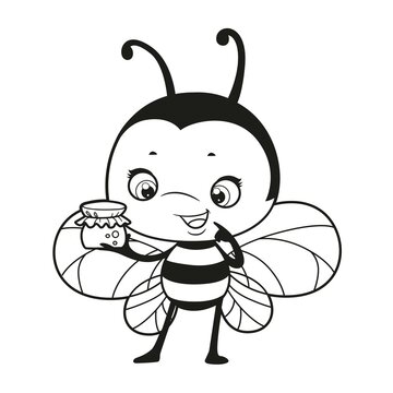 Cartoon cute bee examine a small jar of honey outlined for coloring page on white background