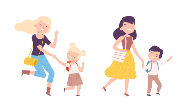Parents and their kids walking holding hands set. Mother leading their children to school cartoon vector illustration