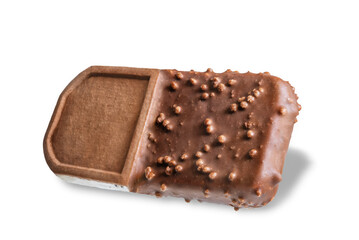 Vanilla ice cream with chocolate cookies, crispy rice and chocolate glaze on a white isolated background