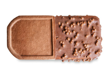 Vanilla ice cream with chocolate cookies, crispy rice and chocolate glaze on a white isolated background