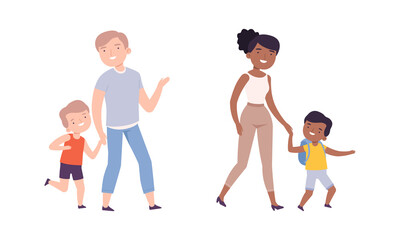 Parents and kids walking together holding hands set. Mother and father leading their sons to school cartoon vector illustration