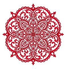Embroidered mandala design. Needlework floral round composition, embroidery template. red floral embroidery  on white background. round folk art pattern. Retro cute floral design, Nordic  ornament