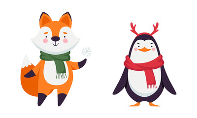 Cute Christmas characters set. Adorable funny penguin and fox cartoon vector illustration