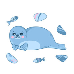 Vector illustration with a cute sea seal and pebbles, a navy seal, funny sea animals in cartoon style. Children's illustration for postcards, posters, pajamas, fabrics,