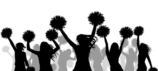 Cheerful group of cheerleders girls with pom-poms, silhouette. Vector illustration - obrazy, fototapety, plakaty