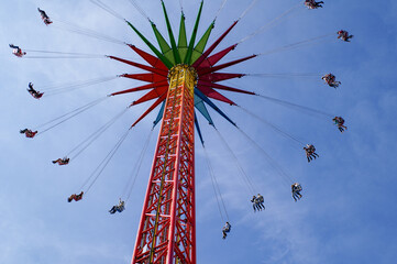 Oktoberfest chain carousel from below against blue sky