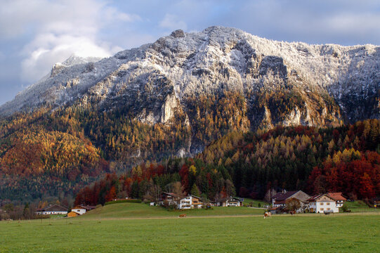 Autumn landscape with reddish brown trees and snow and frost on a mountain slope with houses in the foreground