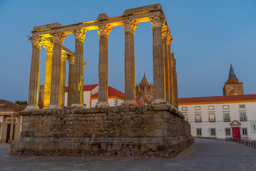 Sunset view of Temple of Diana in Portuguese town Evora