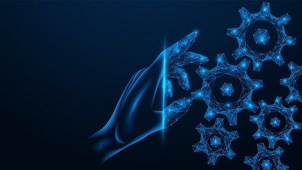 Adjustment of the digital mechanism. The hand adjusts the mechanical gears. Polygonal construction of lines and points. Blue background.