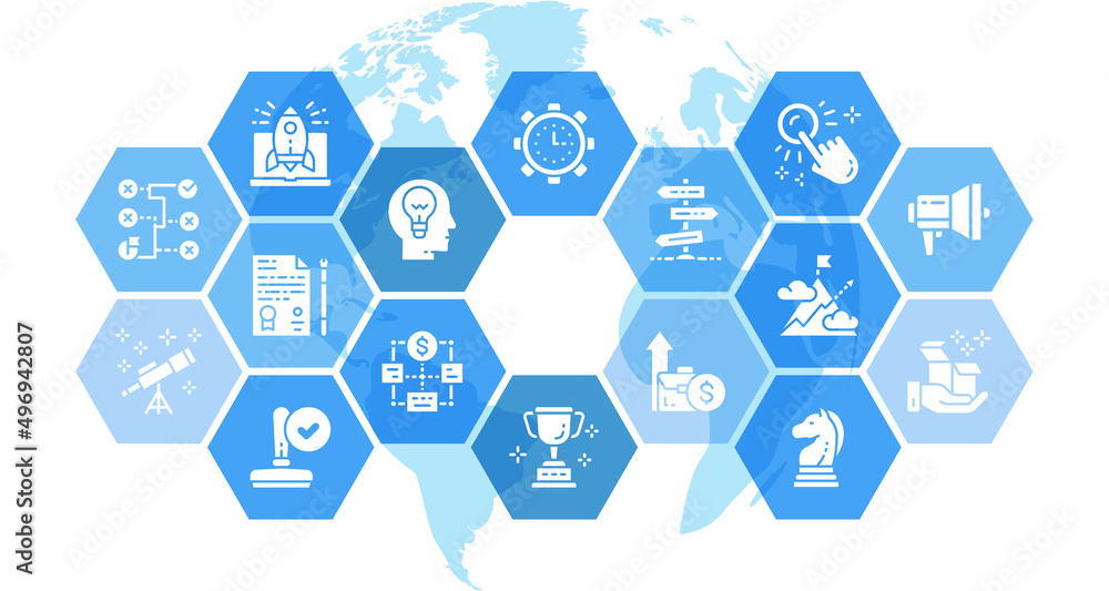Aufkleber start up thin icons vector illustration. time management, idea generation, presentation design conce