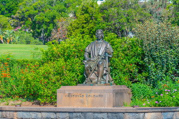 Statue of Christopher Columbus at Santa Catarina park in Funchal, Portugal