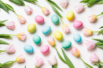 Easter layout of light pink and yellow spring flowers tulips and pastel colors eggs on a white background. Festive flat lay, happy easter concept.