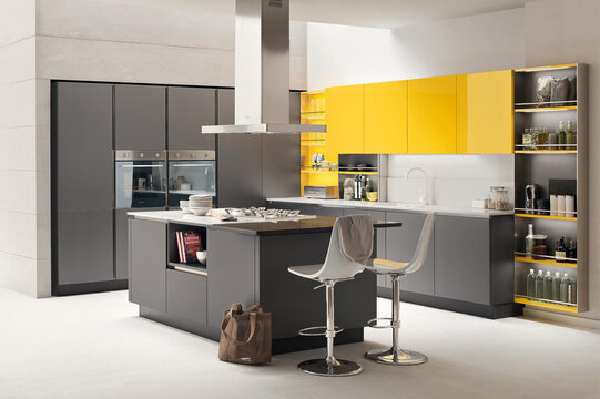  Modern Luxury Kitchen Interior Design In Yellow And Grey Colors, Minimal Style. 3d Rendering